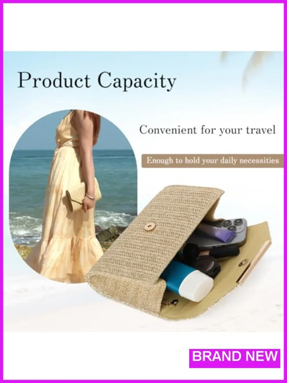 Straw Woven Envelope Clutch with Detachable Chain - PP Straw Beach Evening Bag